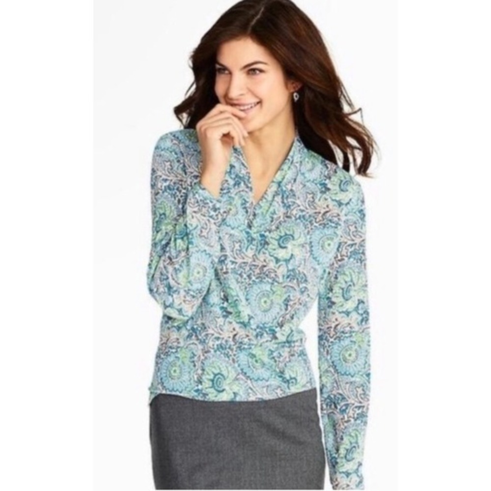Talbots‎ Front Wrap Top Blue Green Paisley Floral V-neckline Long Sleeves Office